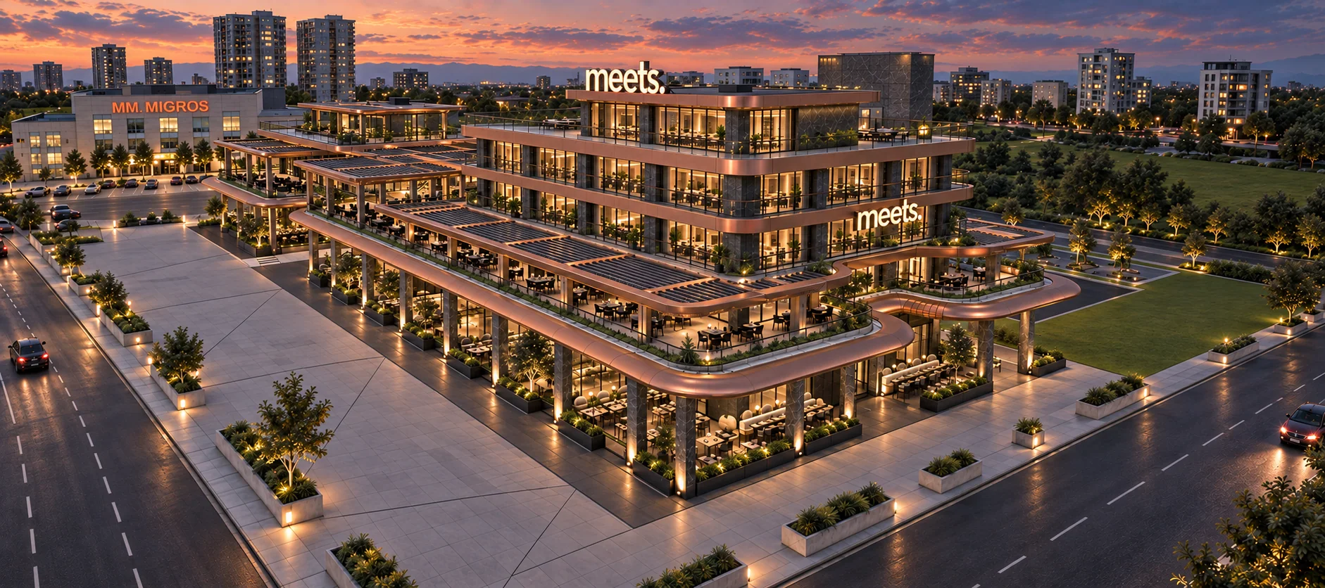 Meets İncek karma kullanım projesi kuşbakışı gün batımı görünümü